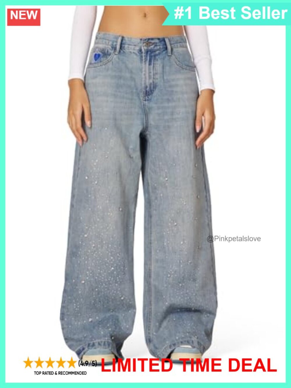 Rhinestone Baggy Wide Leg High Waist Jeans Oversized Streetwear Denim Pants